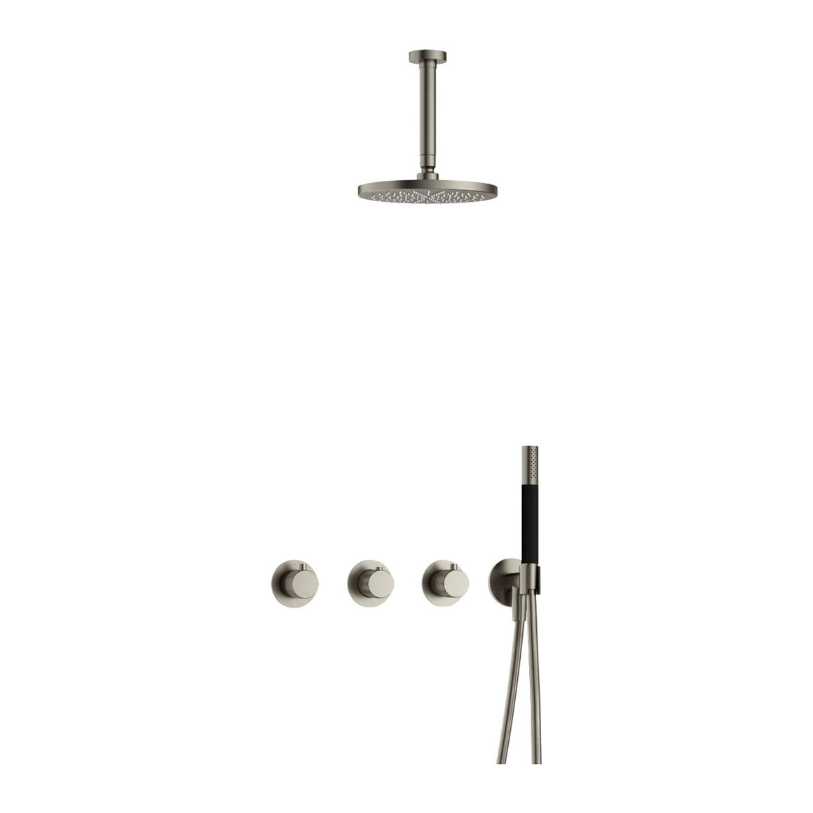 Hotbath Cobber X IBSX70 inbouw regendoucheset thermostatisch met 2 stopkranen Geborsteld nikkel Staafhanddouche + plafondbuis 15 cm + hoofddouche 20 cm productfoto