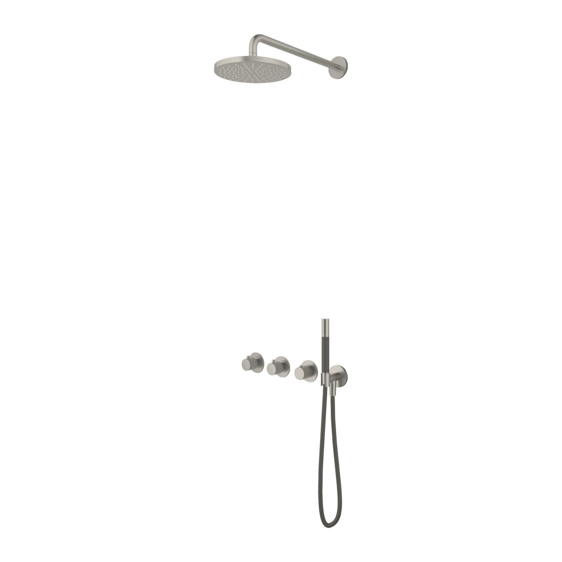 Hotbath Cobber X IBSX70 inbouw regendoucheset thermostatisch met 2 stopkranen Geborsteld nikkel Staafhanddouche + wandarm + hoofddouche 25 cm productfoto (kleurimpressie)