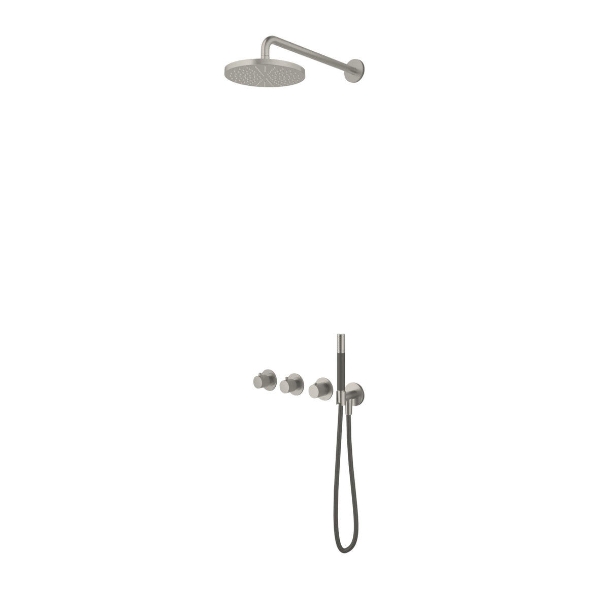 Hotbath Cobber X IBSX70 inbouw regendoucheset thermostatisch met 2 stopkranen Geborsteld nikkel Staafhanddouche + wandarm + hoofddouche 25 cm productfoto (kleurimpressie)