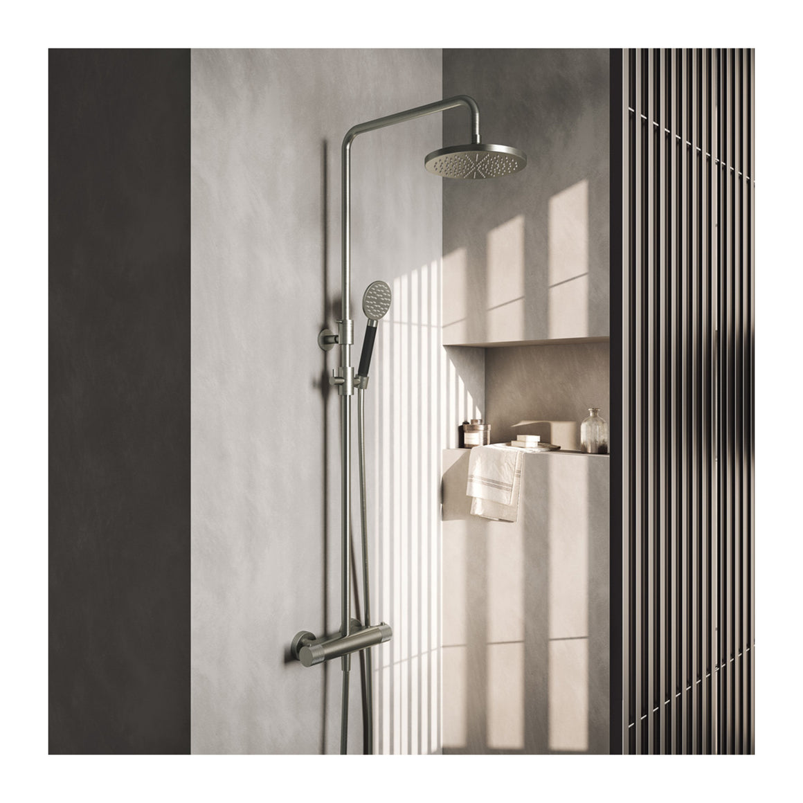 Hotbath Cobber X SDSX9 thermostatische regendoucheset opbouw Geborsteld nikkel Ronde handdouche + hoofddouche 30 cm productfoto