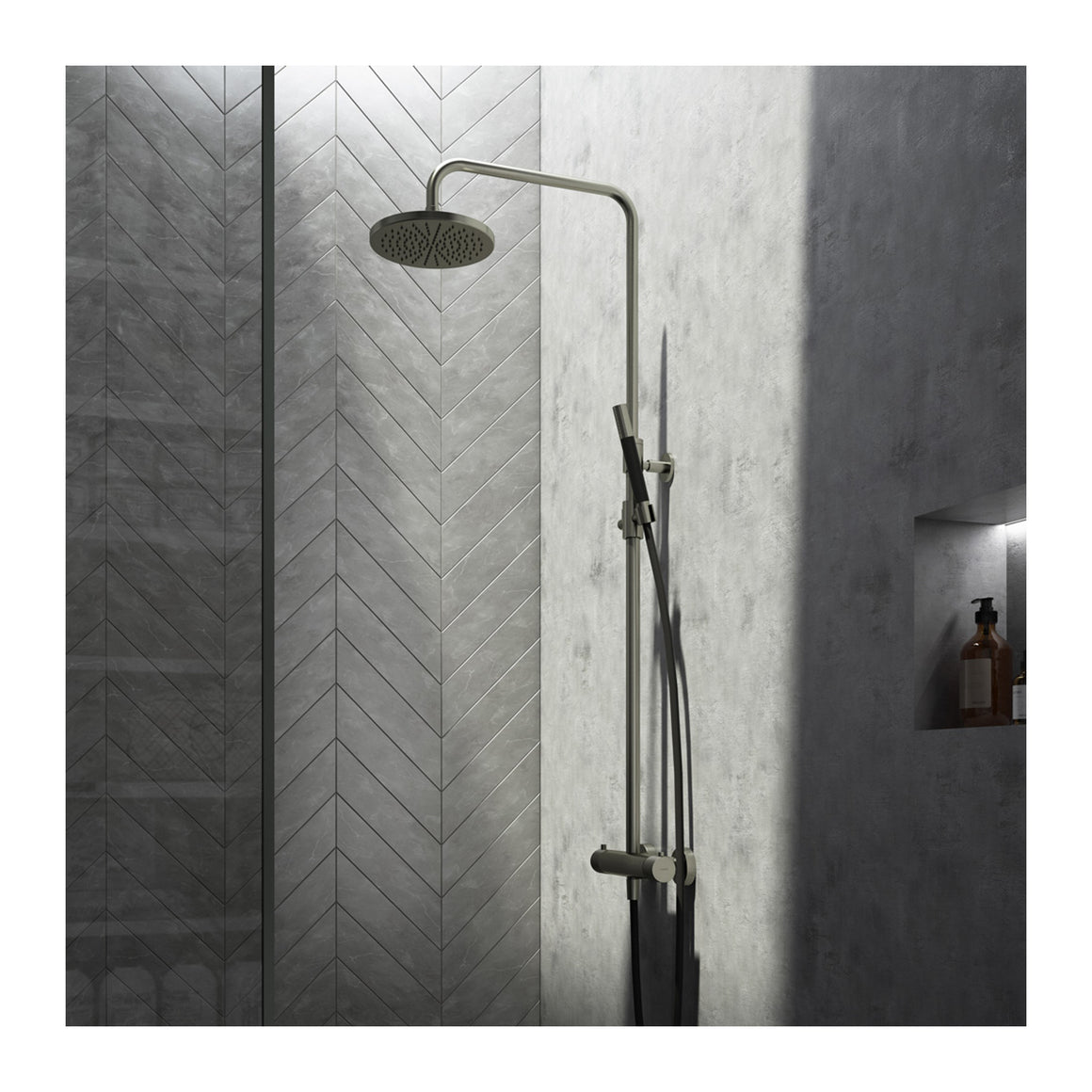 Hotbath Cobber X SDSX9 thermostatische regendoucheset opbouw Geborsteld nikkel Staafhanddouche + hoofddouche 20 cm productfoto