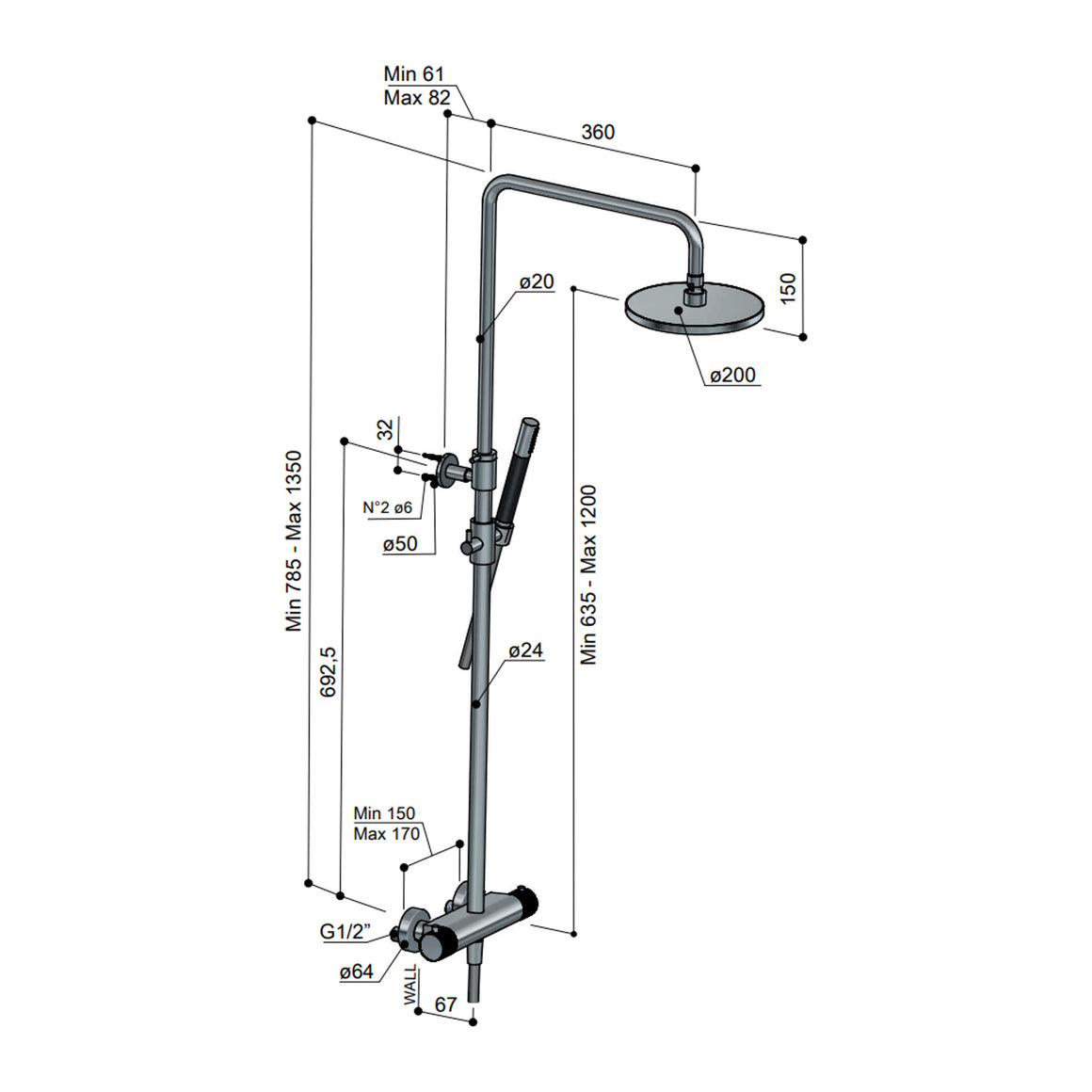 Hotbath Cobber X SDSX9 thermostatische regendoucheset opbouw Geborsteld nikkel Staafhanddouche + hoofddouche 30 cm productfoto