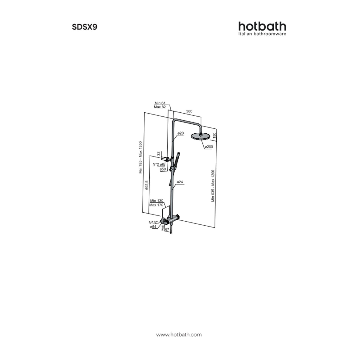 Hotbath Cobber X SDSX9 thermostatische regendoucheset opbouw technische tekening