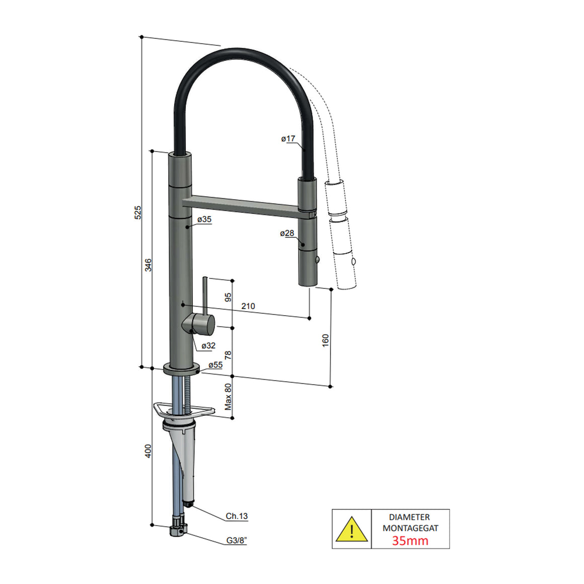 Hotbath Fellow FKM11 hoge keukenmengkraan met flexibele uitneembare handdouche RVS 316 Geborsteld RVS productfoto