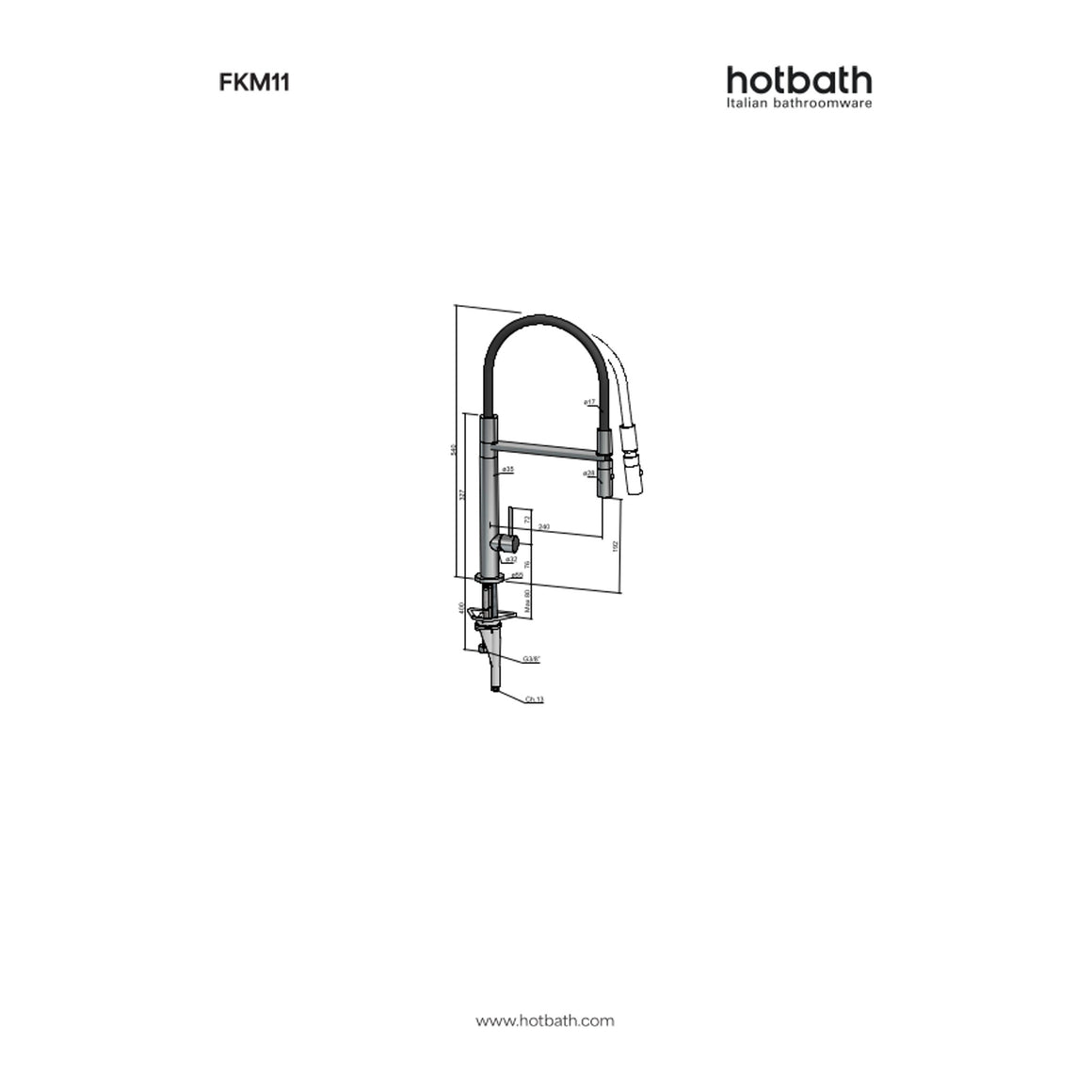 Hotbath Fellow FKM11 hoge keukenmengkraan met flexibele uitneembare handdouche RVS 316 technische tekening
