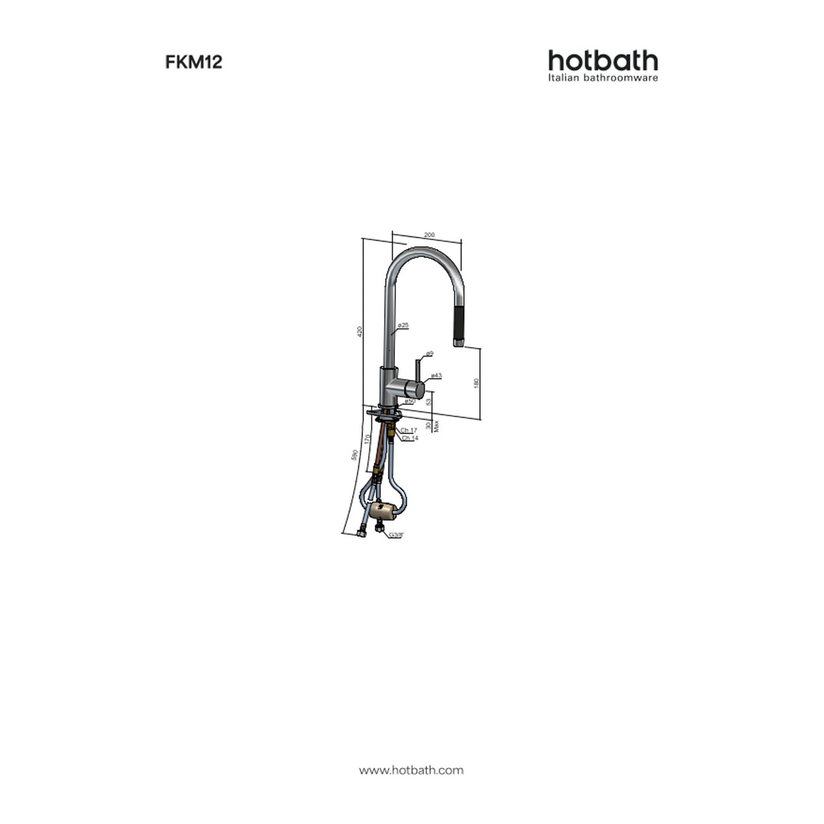 Hotbath Fellow FKM12 keukenmengkraan met uittrekbare handdouche technische tekening
