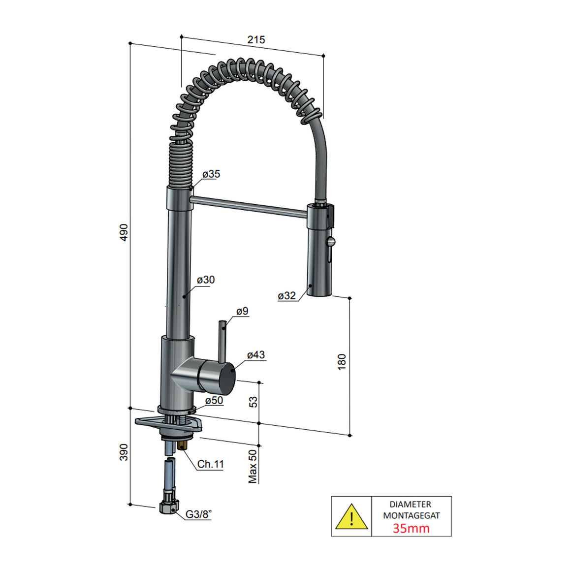 Hotbath Fellow FKM13 keukenmengkraan met flexibele uitneembare handdouche Geborsteld nikkel productfoto