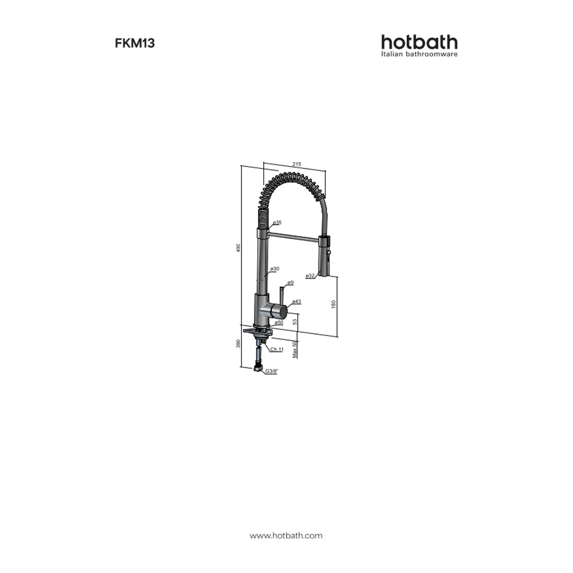 Hotbath Fellow FKM13 keukenmengkraan met flexibele uitneembare handdouche technische tekening