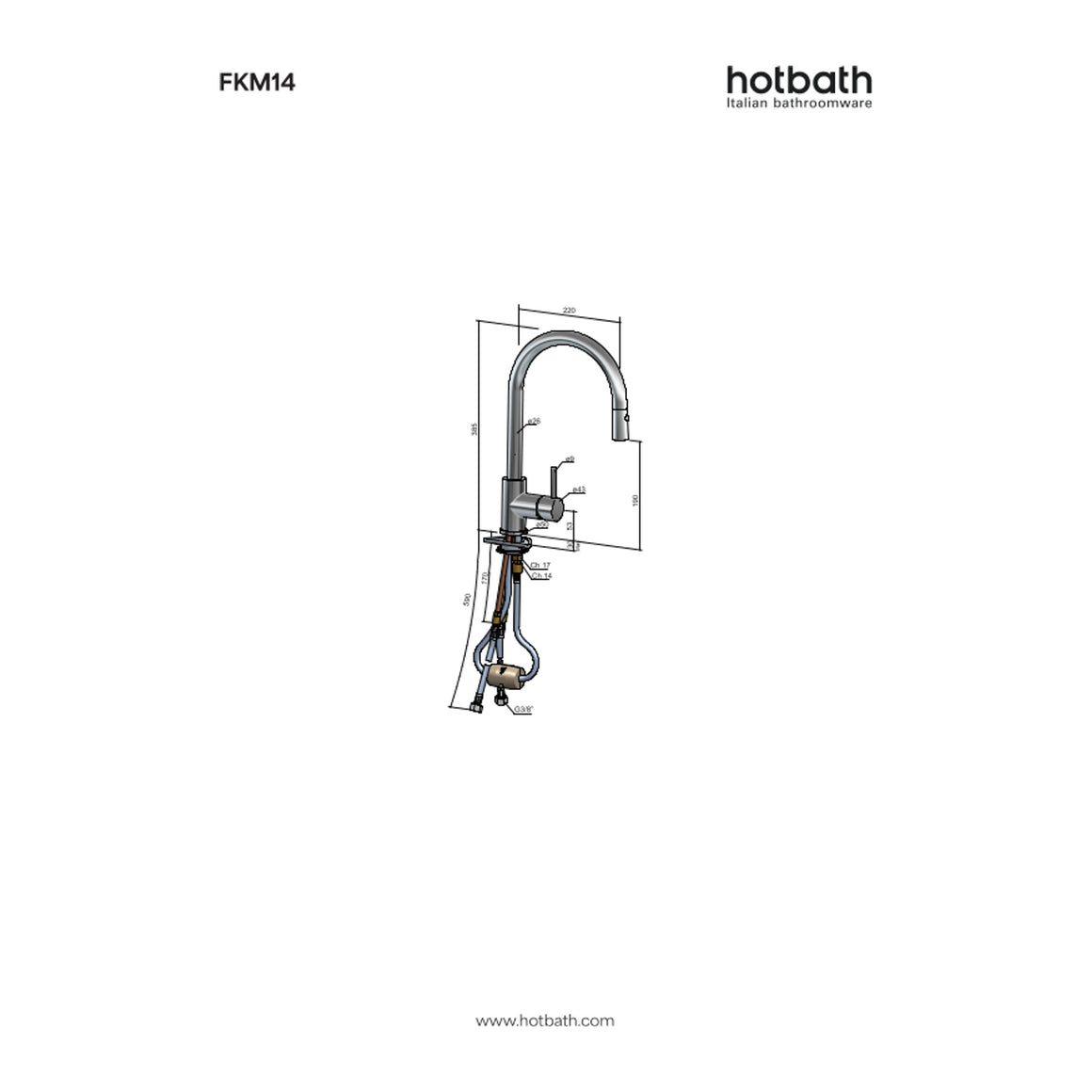 Hotbath Fellow FKM14 keukenmengkraan met uittrekbare handdouche technische tekening