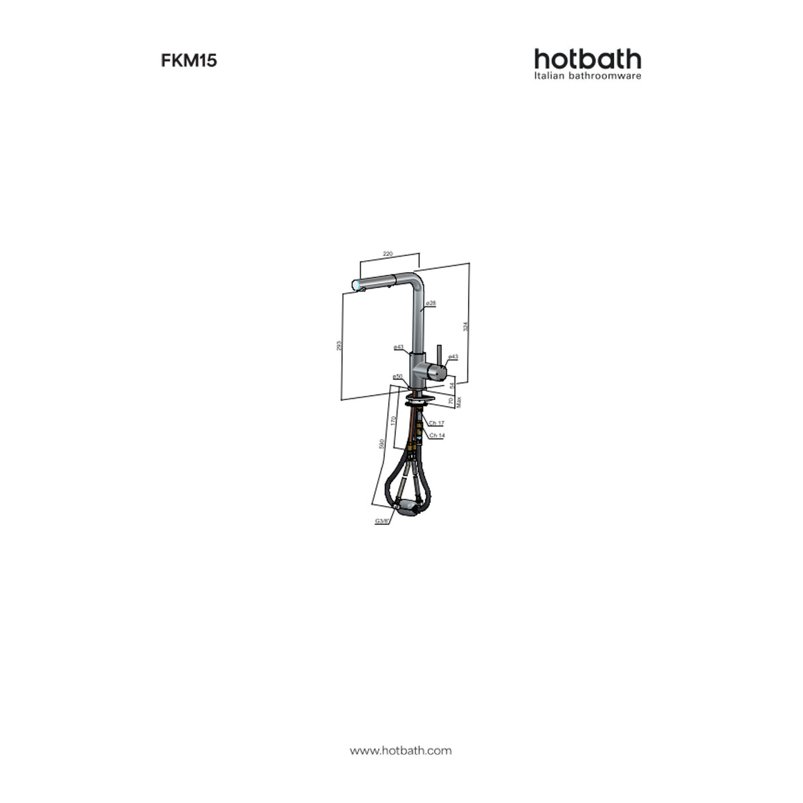 Hotbath Fellow FKM15 keukenmengkraan met uitneembare handdouche technische tekening