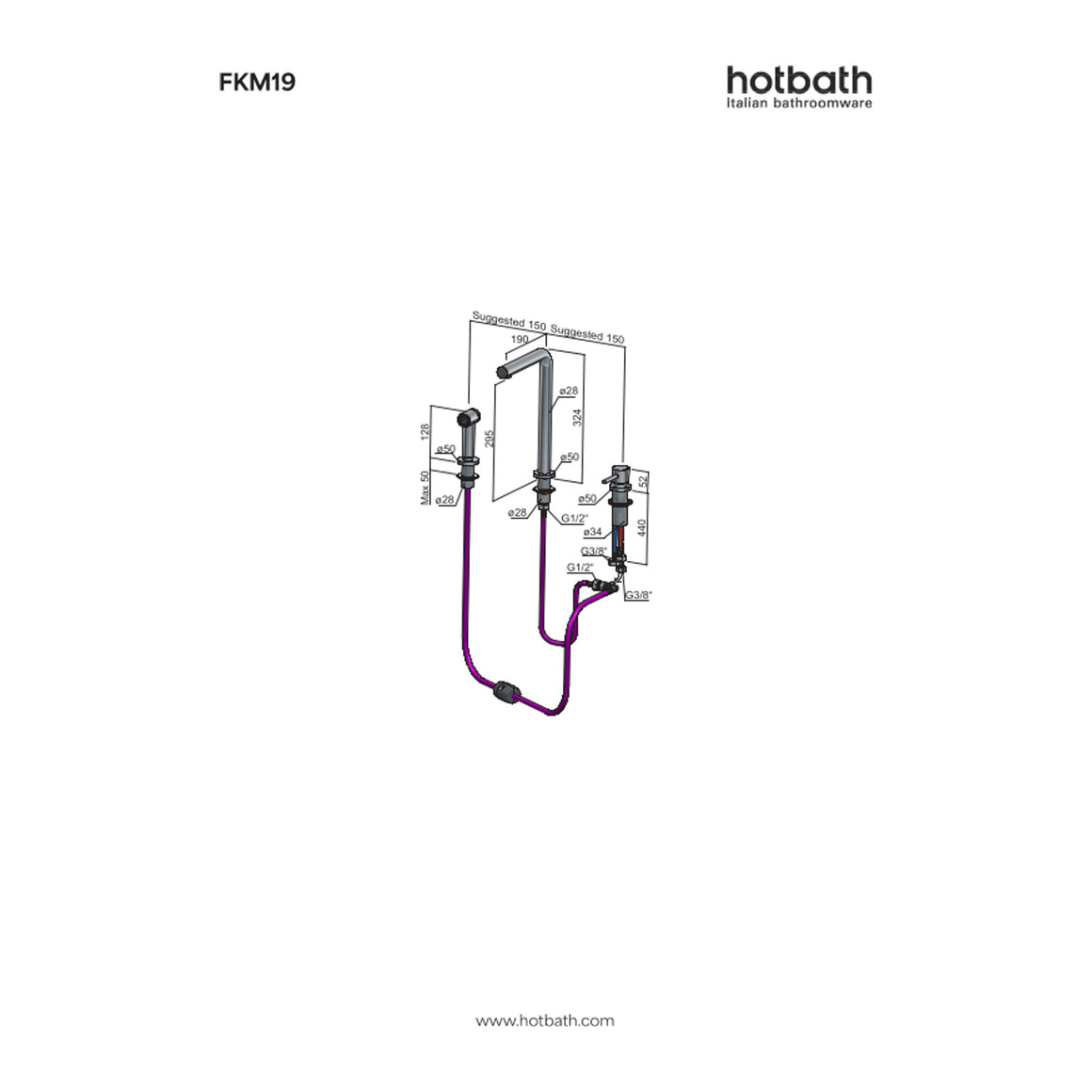 Hotbath Fellow FKM19 3-gats keukenmengkraan met uitneembare handdouche technische tekening