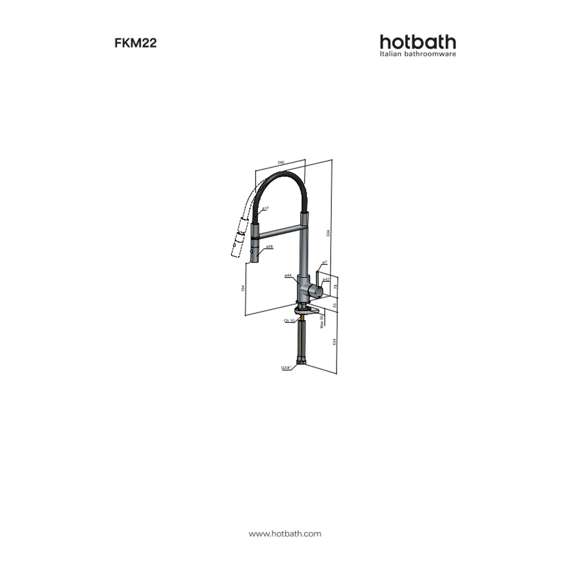 Hotbath Fellow FKM22 keukenmengkraan met uittrekbare handdouche technische tekening