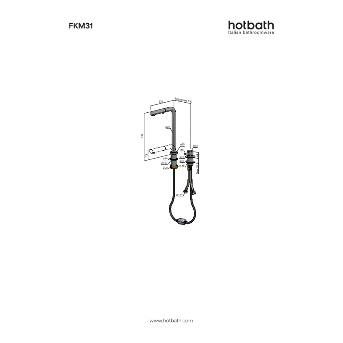 Hotbath Fellow FKM31 keukenmengkraan met draaibare uitloop technische tekening
