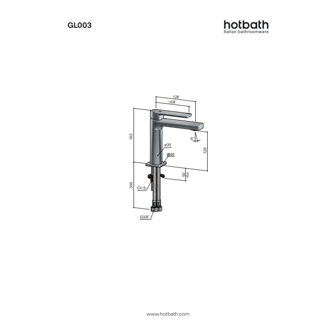 Hotbath Gal GL003 wastafelmengkraan technische tekening