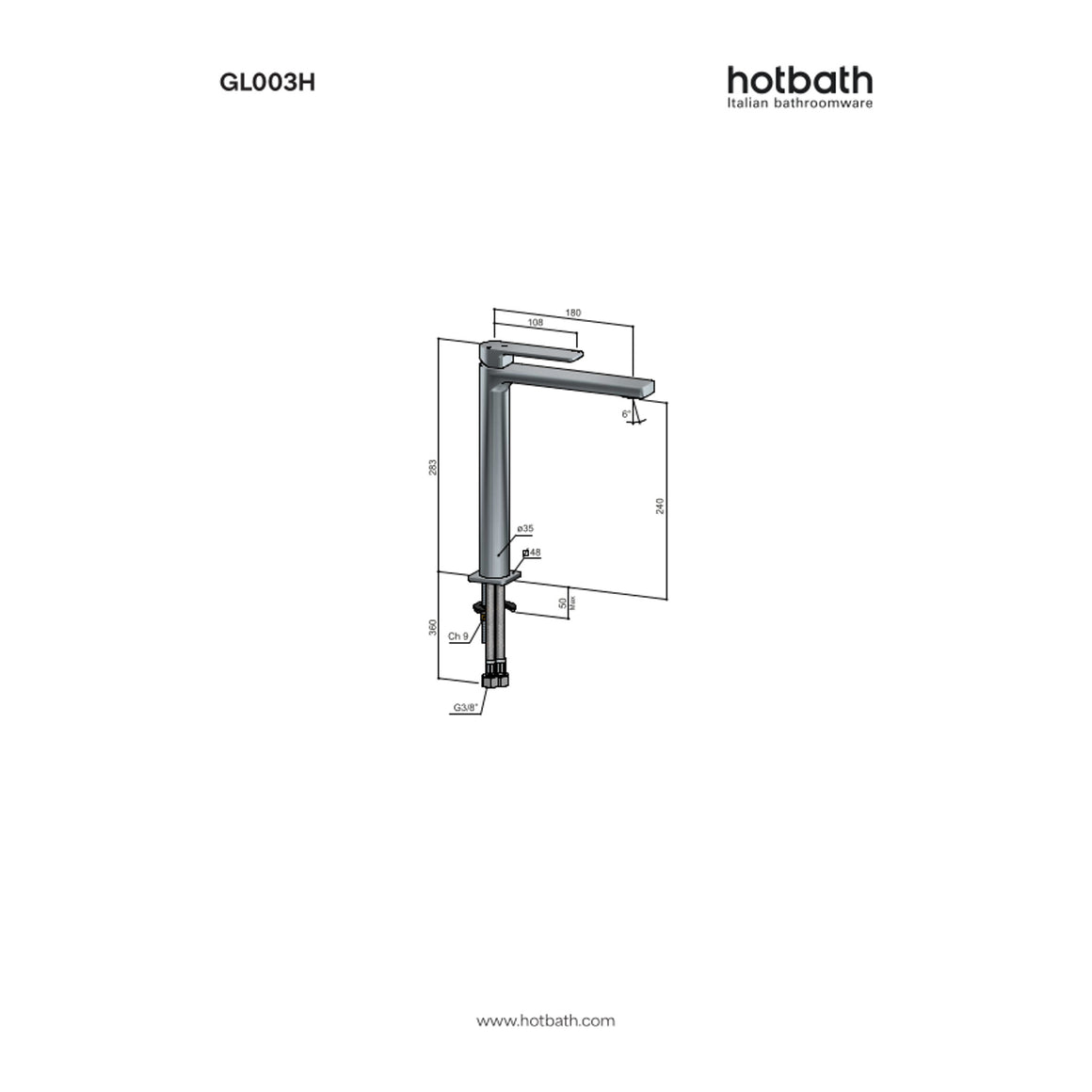 Hotbath Gal GL003H hoge wastafelmengkraan technische tekening