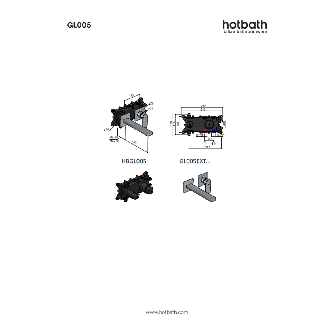 Hotbath Gal GL005 inbouw wastafelmengkraan met 18 cm uitloop technische tekening