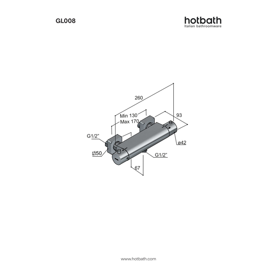 Hotbath Gal GL008 thermostatische douchemengkraan opbouw technische tekening