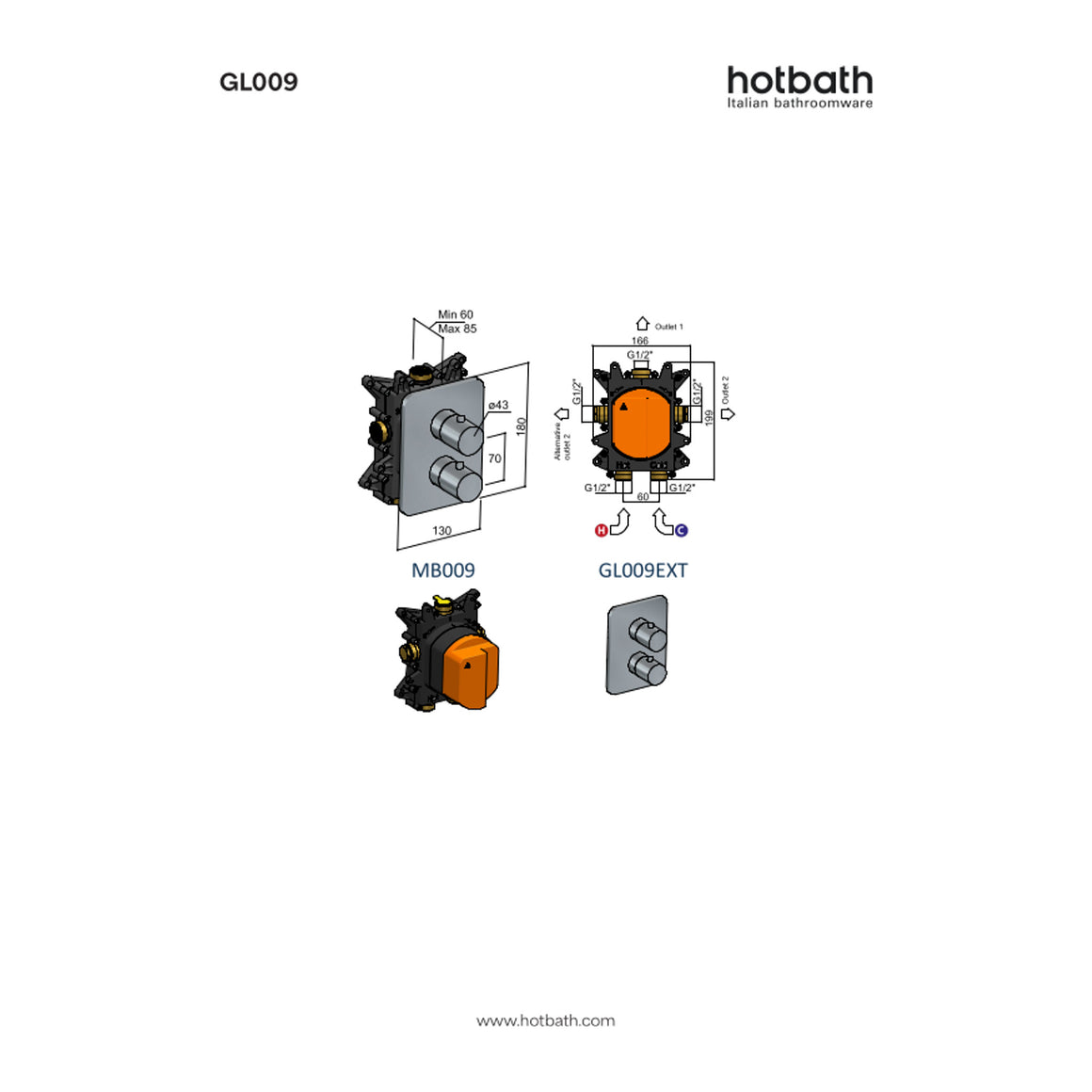 Hotbath Gal GL009 inbouw thermostaat met 2-weg omstel technische tekening