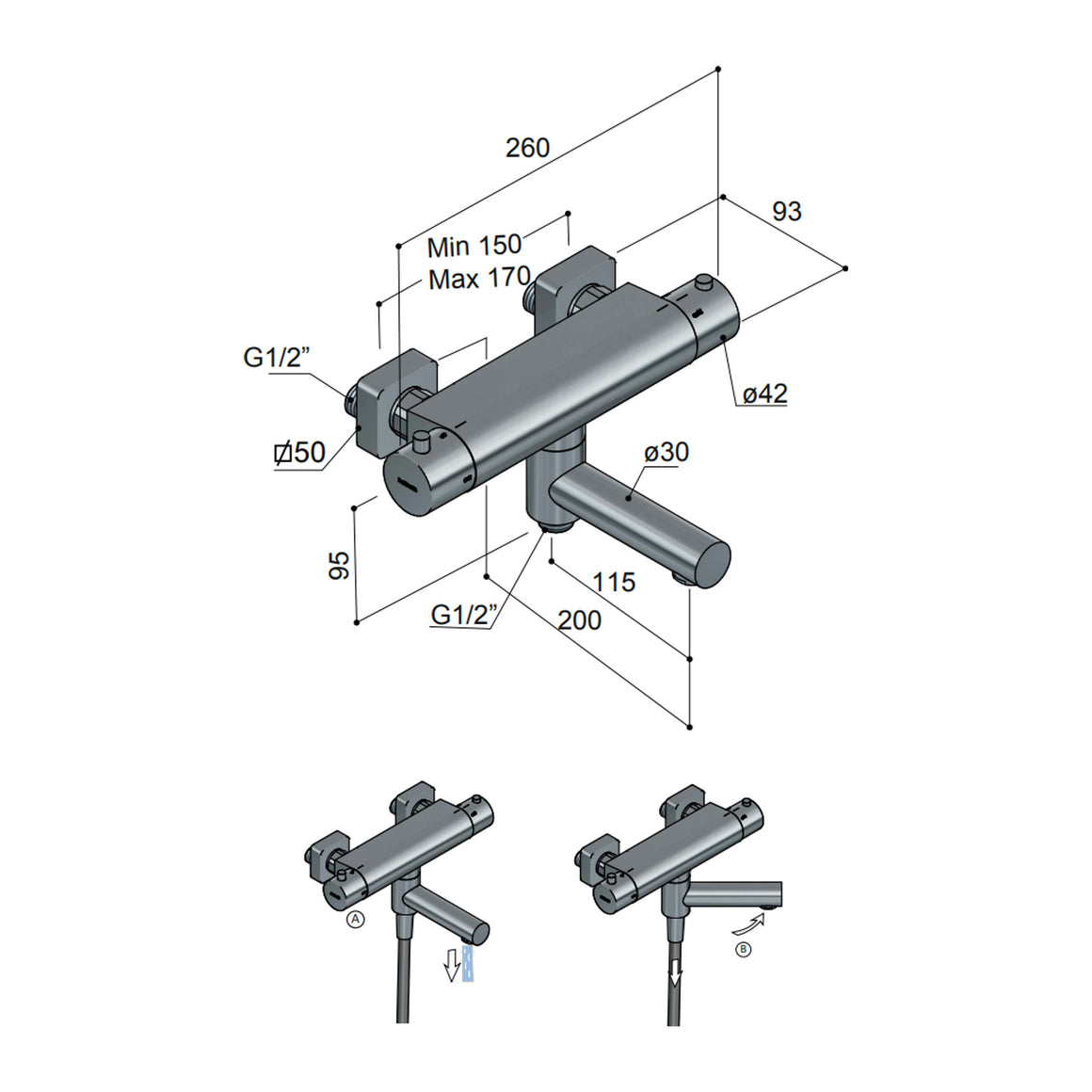 Hotbath Gal GL020 thermostatische badmengkraan met wegdraaibare omstel-uitloop Geborsteld messing PVD productfoto