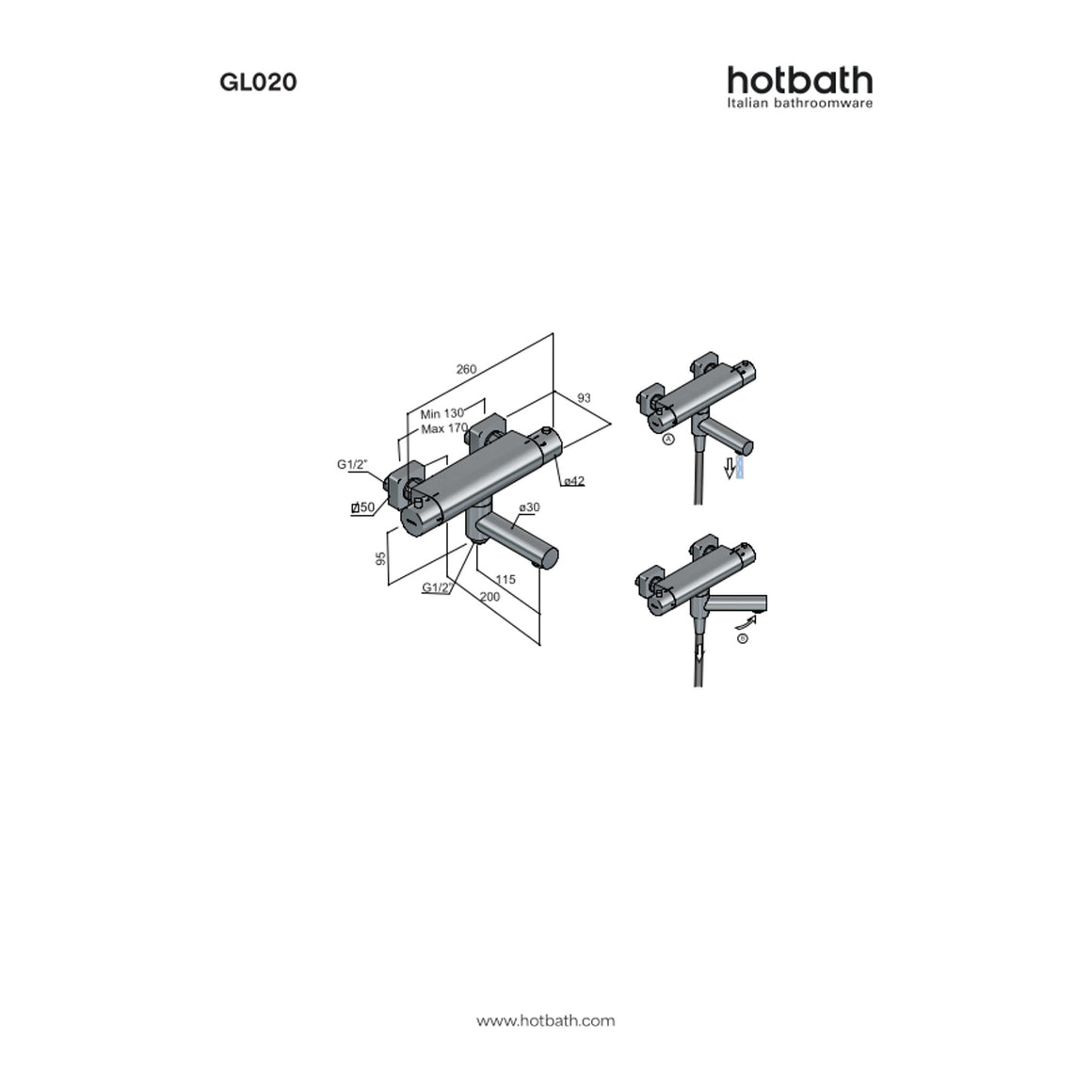 Hotbath Gal GL020 thermostatische badmengkraan met wegdraaibare omstel-uitloop technische tekening