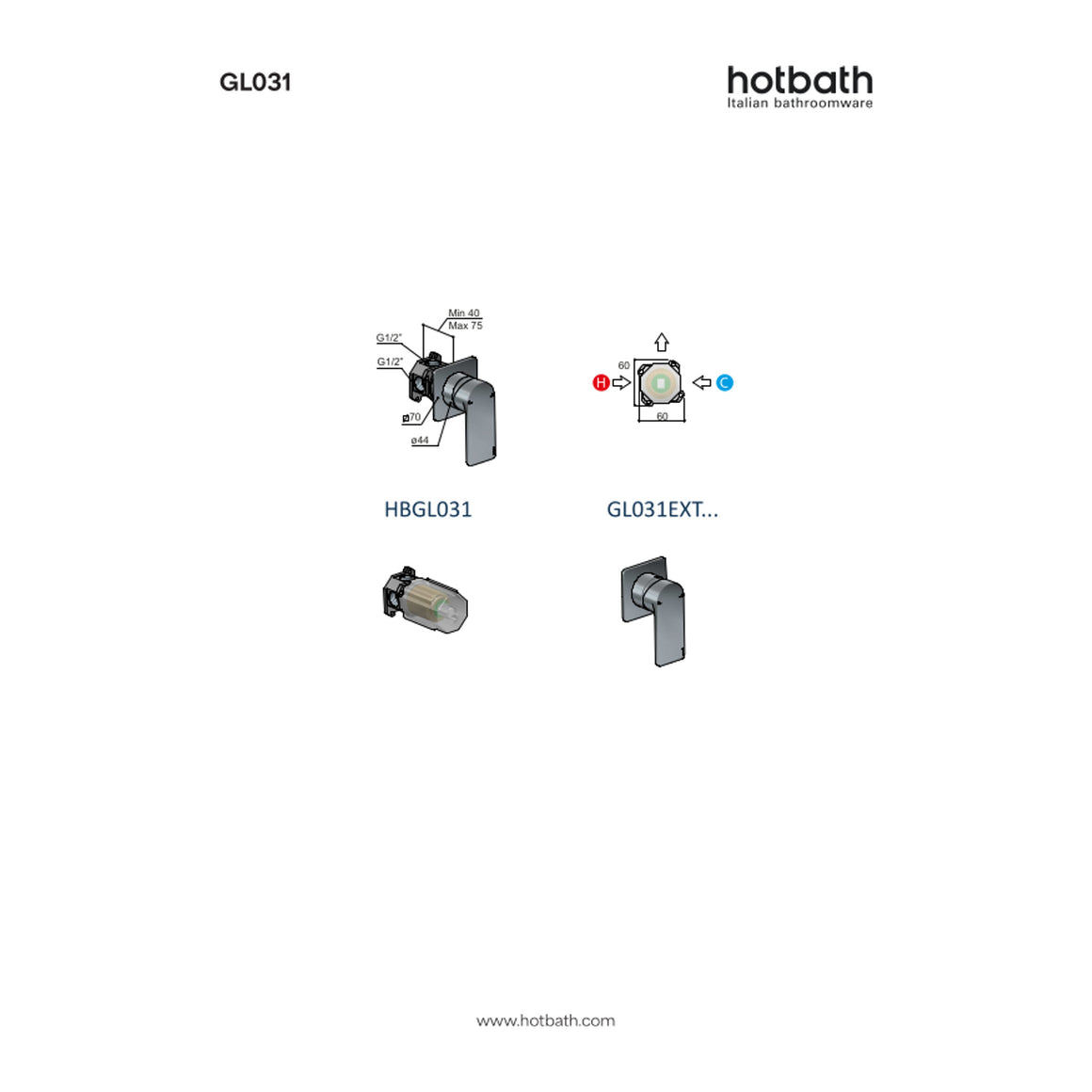 Hotbath Gal GL031 inbouw douchemengkraan technische tekening