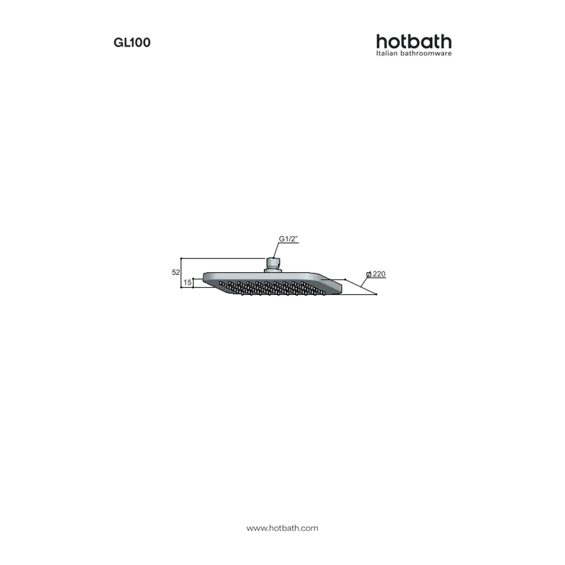 Hotbath Gal GL100 hoofddouche vierkant 22 cm technische tekening