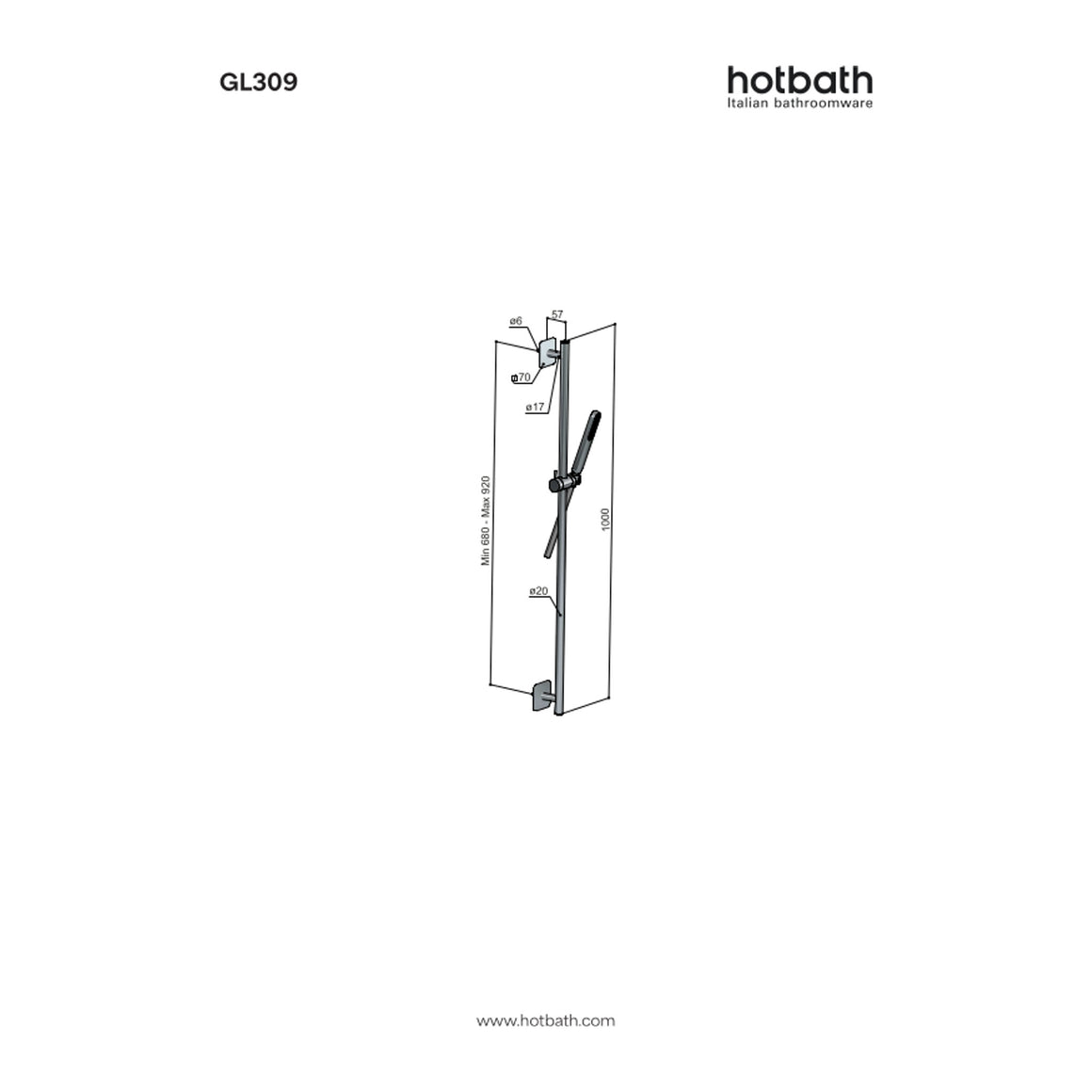 Hotbath Gal GL309 glijstangset 100 cm met doucheslang en handdouche technische tekening