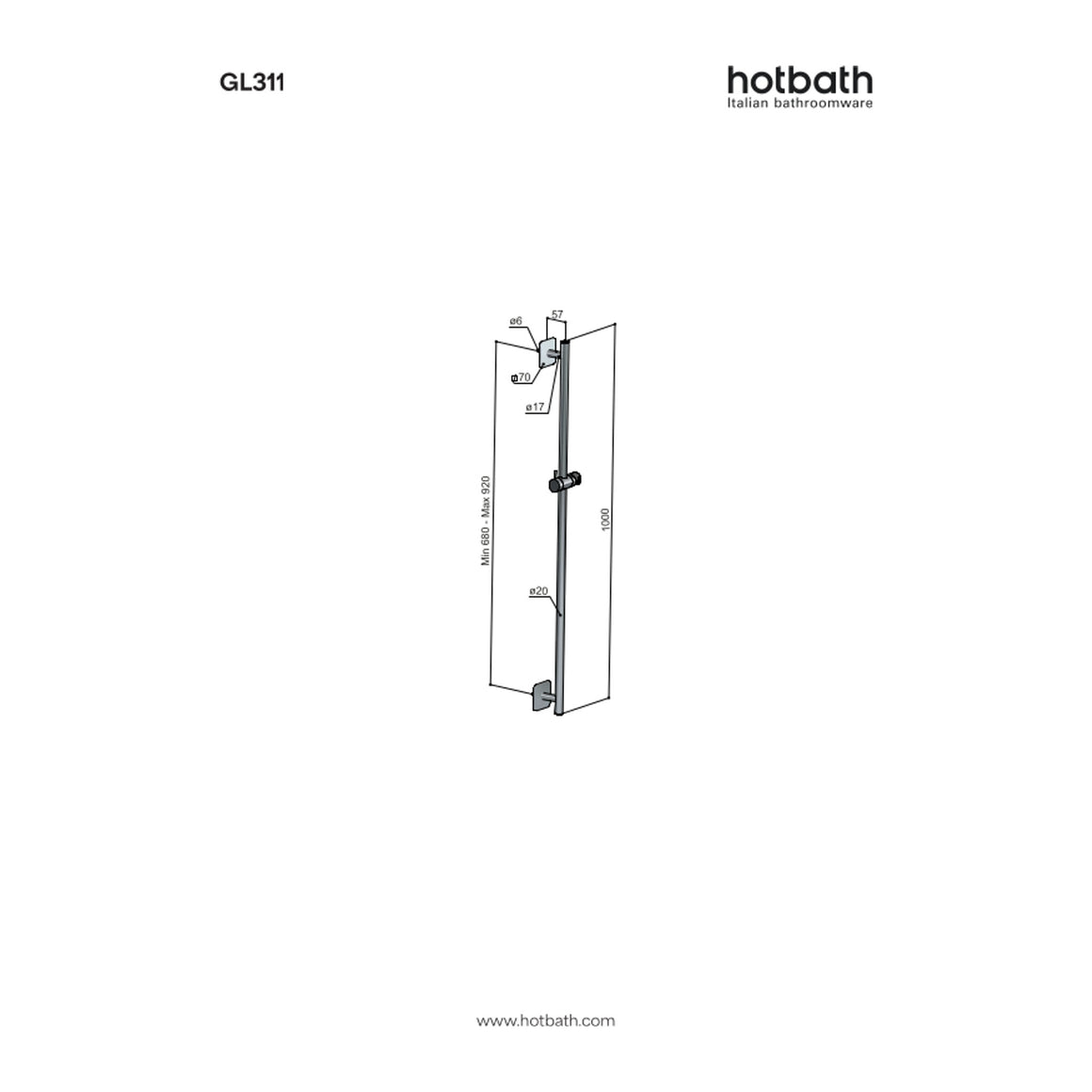Hotbath Gal GL311 glijstang 90 cm technische tekening