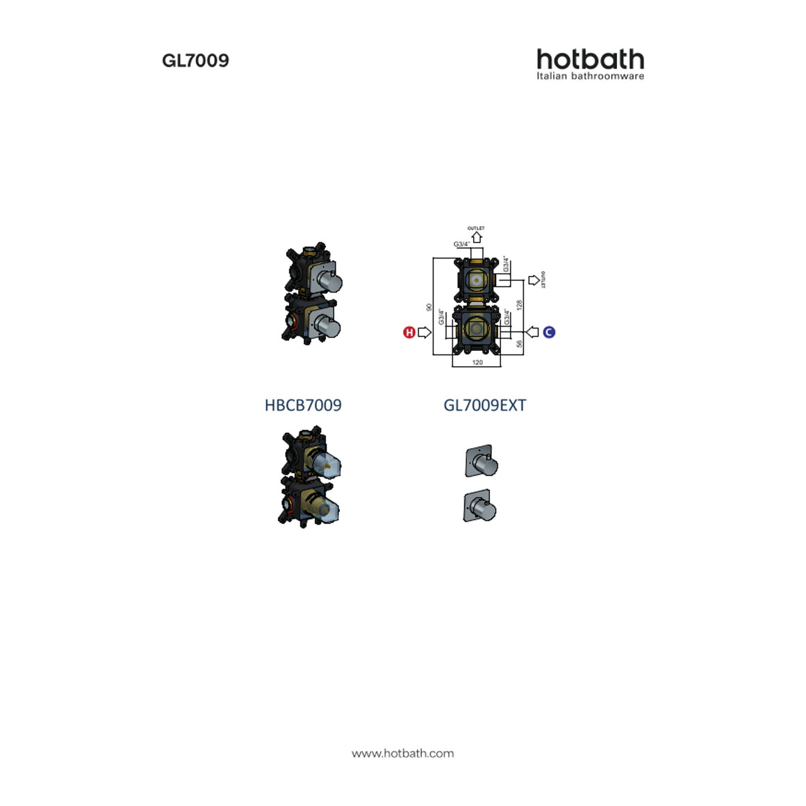 Hotbath Gal GL7009 inbouw thermostaat met 2-weg omstel technische tekening