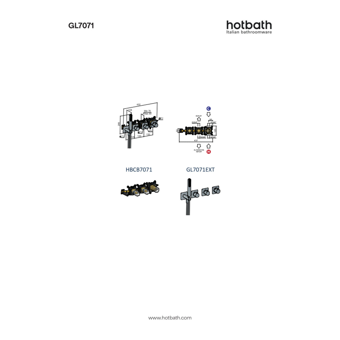Hotbath Gal GL7071 inbouw bad/douchethermostaat met 2 stopkranen zonder uitloop technische tekening