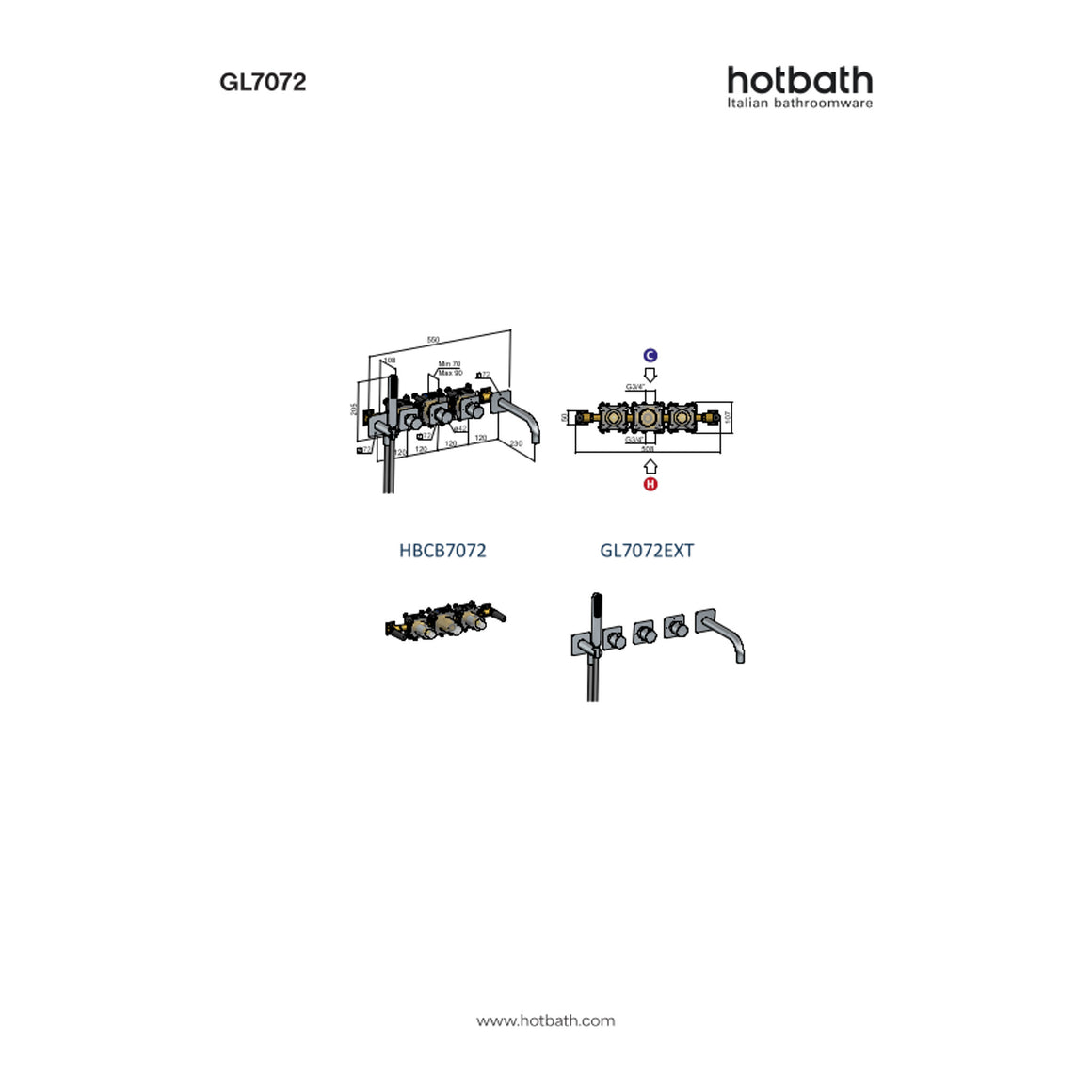 Hotbath Gal GL7072 inbouw badthermostaat met 2 stopkranen en uitloop technische tekening