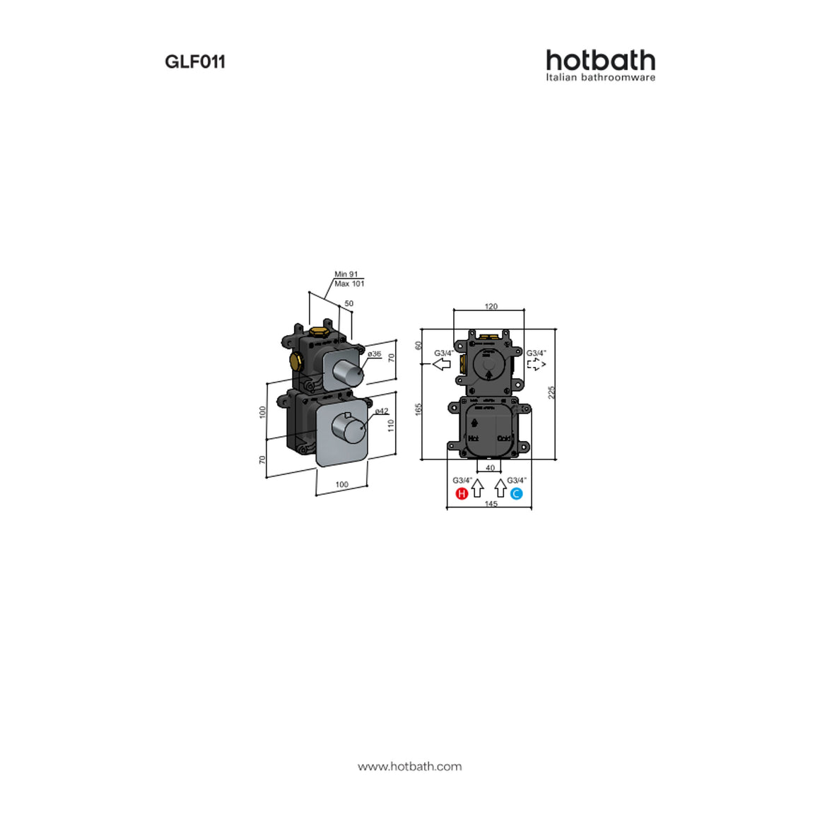Hotbath Gal GLF011-015 High Flow inbouw thermostaat 1 stopkraan technische tekening