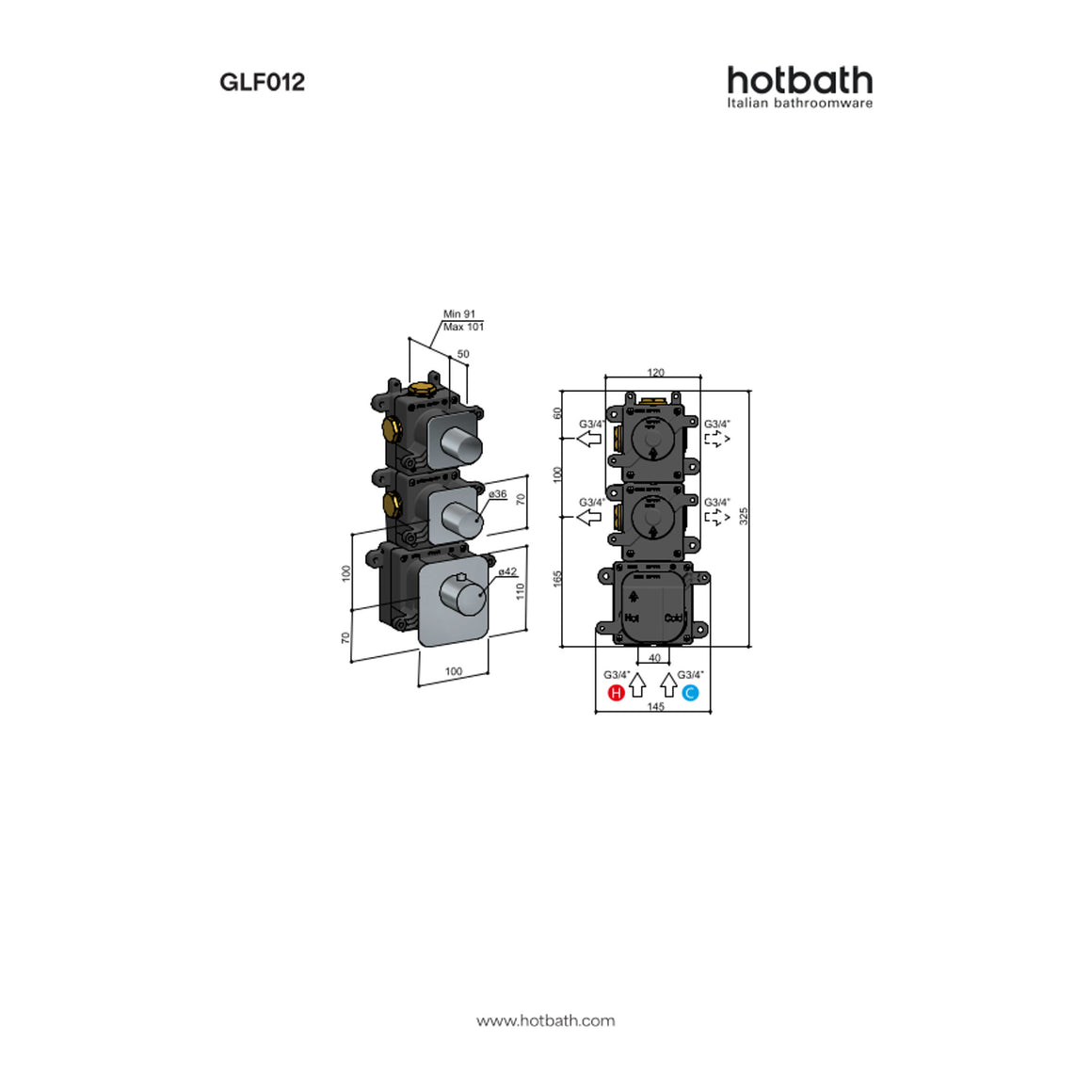 Hotbath Gal GLF011-015 High Flow inbouw thermostaat 2 stopkranen technische tekening
