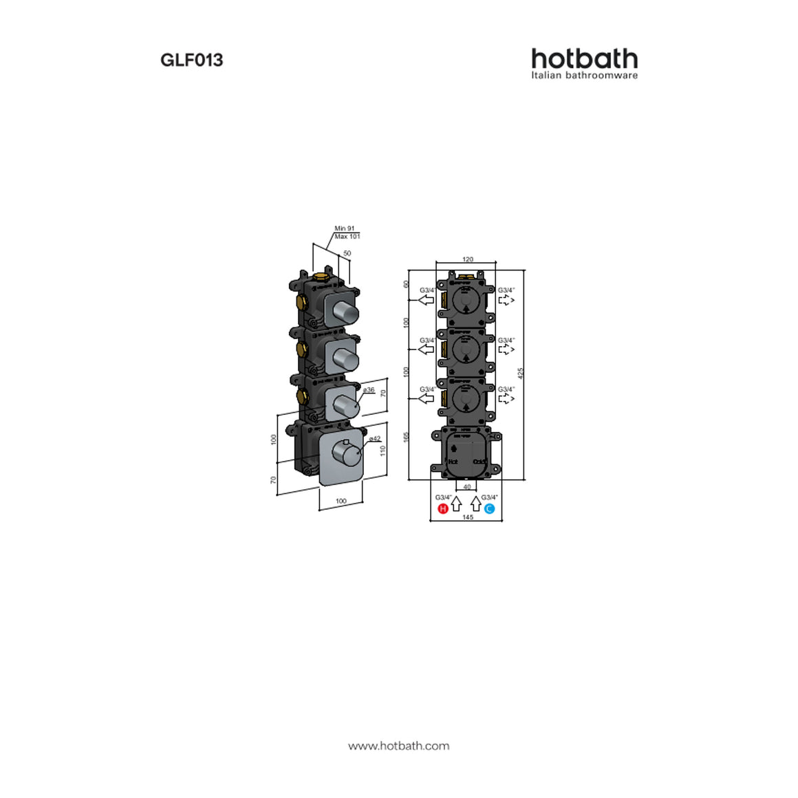 Hotbath Gal GLF011-015 High Flow inbouw thermostaat 3 stopkranen technische tekening