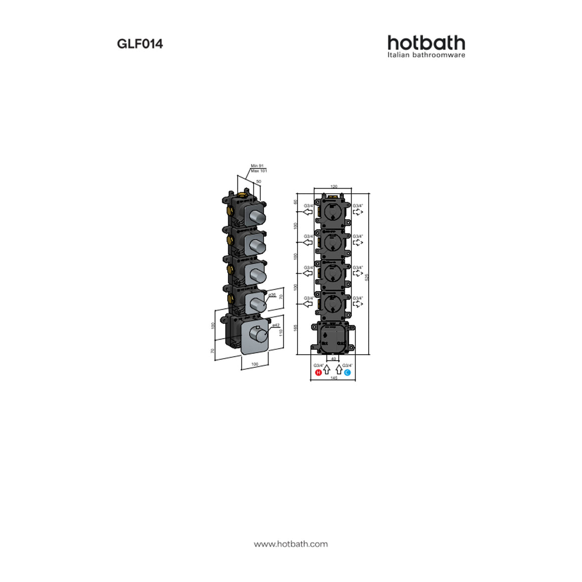 Hotbath Gal GLF011-015 High Flow inbouw thermostaat 4 stopkranen technische tekening