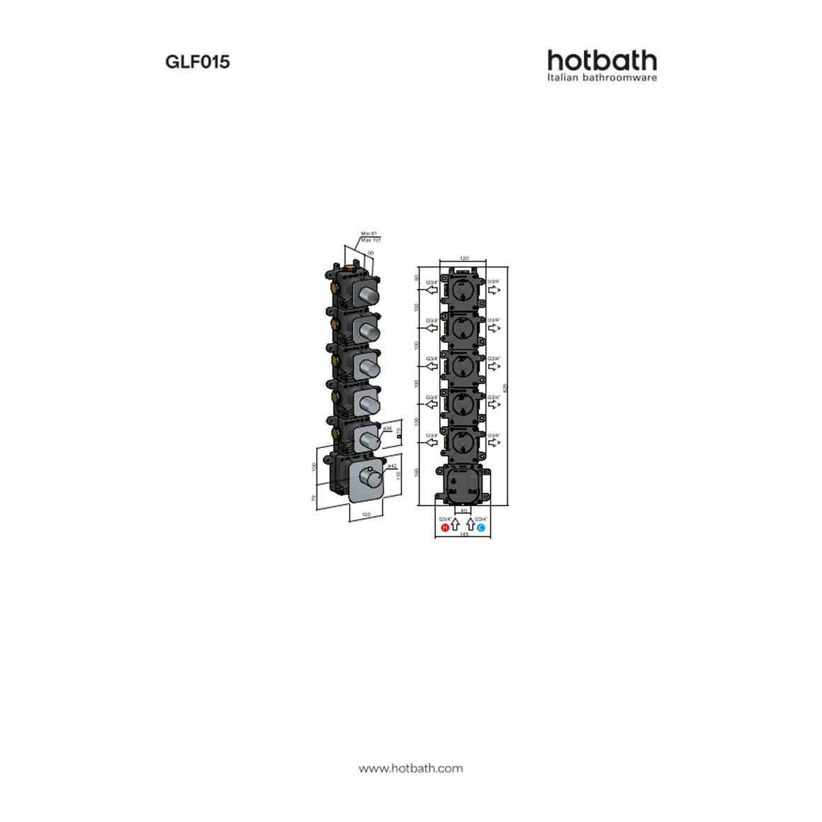 Hotbath Gal GLF011-015 High Flow inbouw thermostaat 5 stopkranen technische tekening
