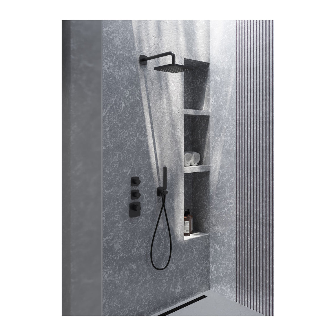 Hotbath Gal IBS40 inbouw regendoucheset High Flow thermostatisch met 2 stopkranen Geborsteld gunmetal PVD Wandarm + hoofddouche 22 cm (GL100) productfoto