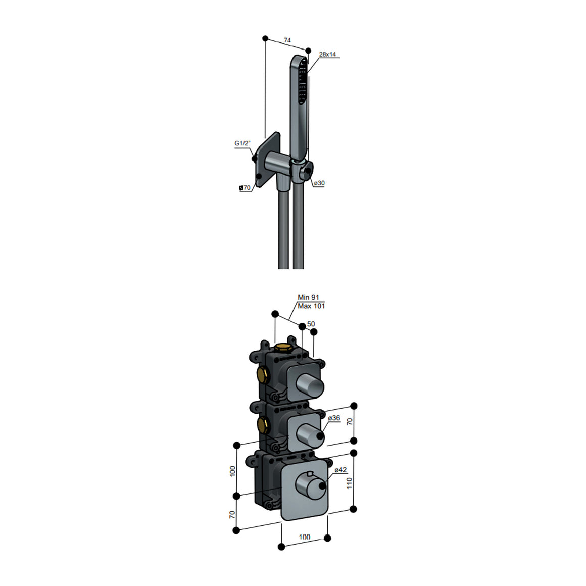 Hotbath Gal IBS40 inbouw regendoucheset High Flow thermostatisch met 2 stopkranen Geborsteld messing PVD Wandarm + hoofddouche 22 cm (GL100) productfoto