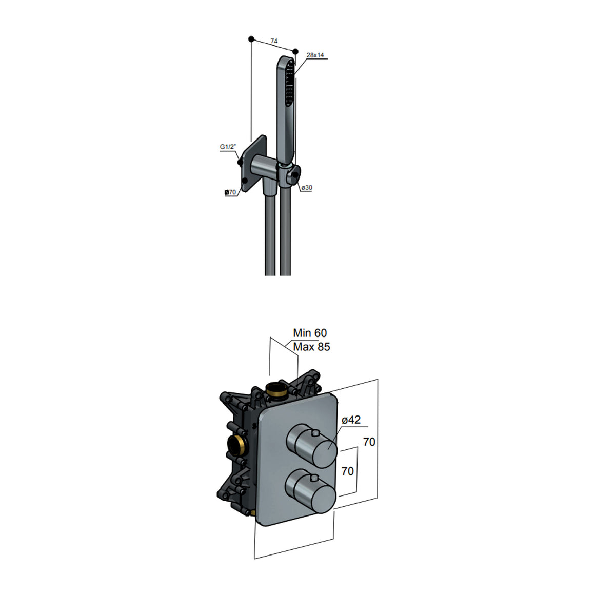 Hotbath Gal IBS40A inbouw regendoucheset thermostatisch met 2-weg stop-omstel Geborsteld messing PVD Plafondbuis + hoofddouche 27x40 cm (GL106) productfoto