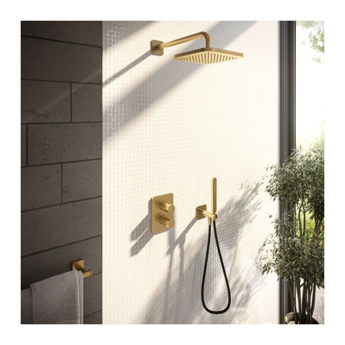 Hotbath Gal IBS40A inbouw regendoucheset thermostatisch met 2-weg stop-omstel Geborsteld messing PVD Wandarm + hoofddouche 22 cm (GL100) productfoto