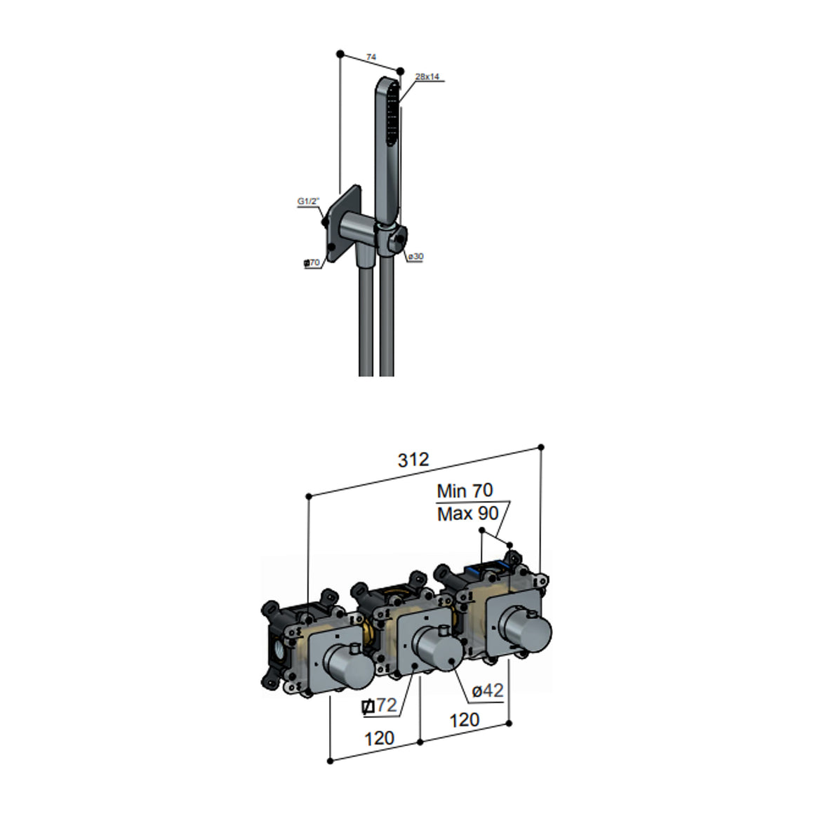 Hotbath Gal IBSGL70 inbouw regendoucheset thermostatisch met 2 stopkranen Chroom Wandarm + hoofddouche 22 cm (GL100) productfoto