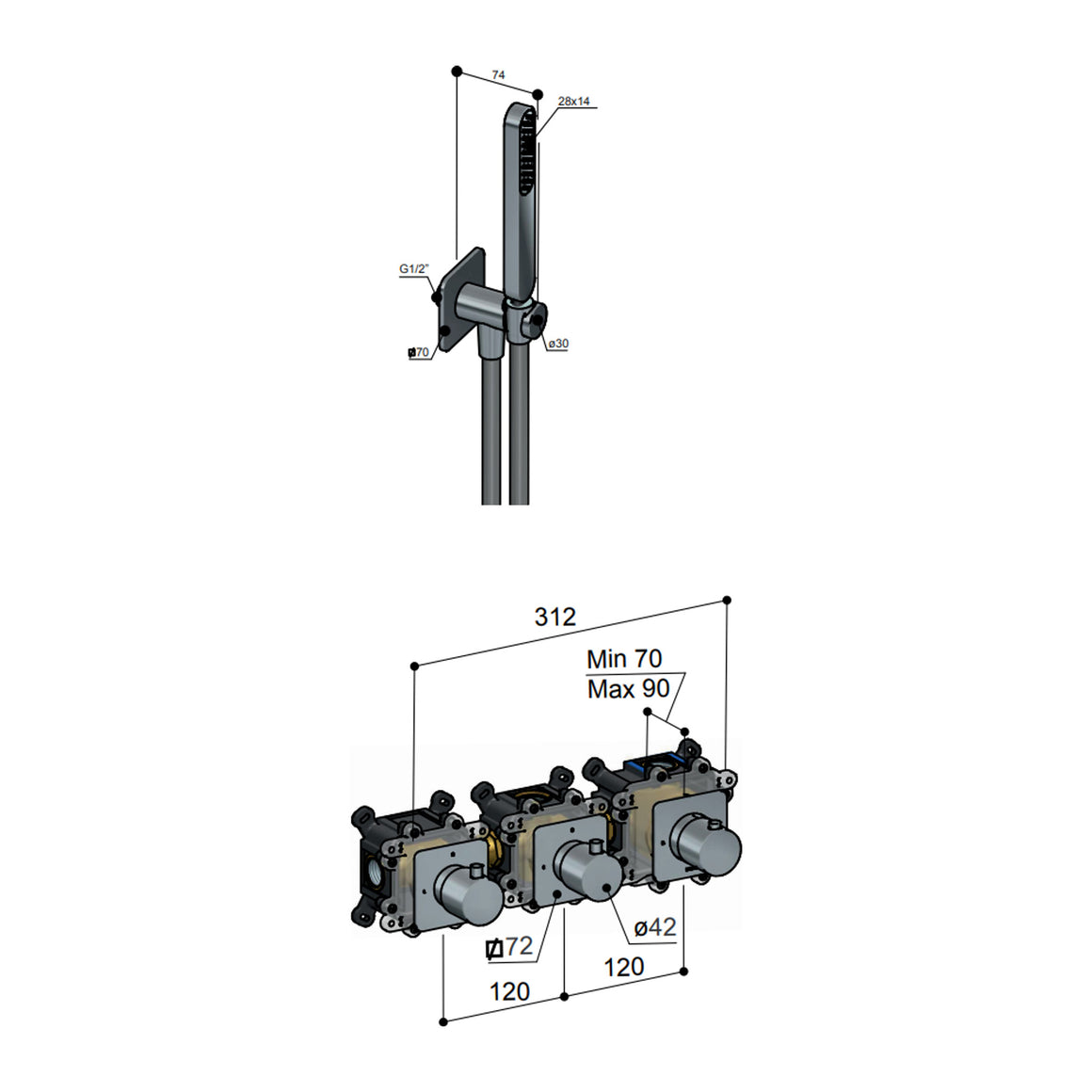 Hotbath Gal IBSGL70 inbouw regendoucheset thermostatisch met 2 stopkranen Geborsteld messing PVD Plafondbuis + hoofddouche 27x40 cm (GL106) productfoto