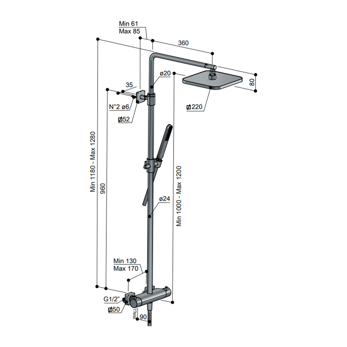 Hotbath Gal SDSGL9 thermostatische regendoucheset opbouw Geborsteld messing PVD Wandarm + hoofddouche 22 cm (GL100) productfoto