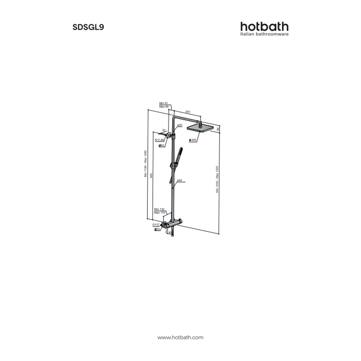 Hotbath Gal SDSGL9 thermostatische regendoucheset opbouw technische tekening