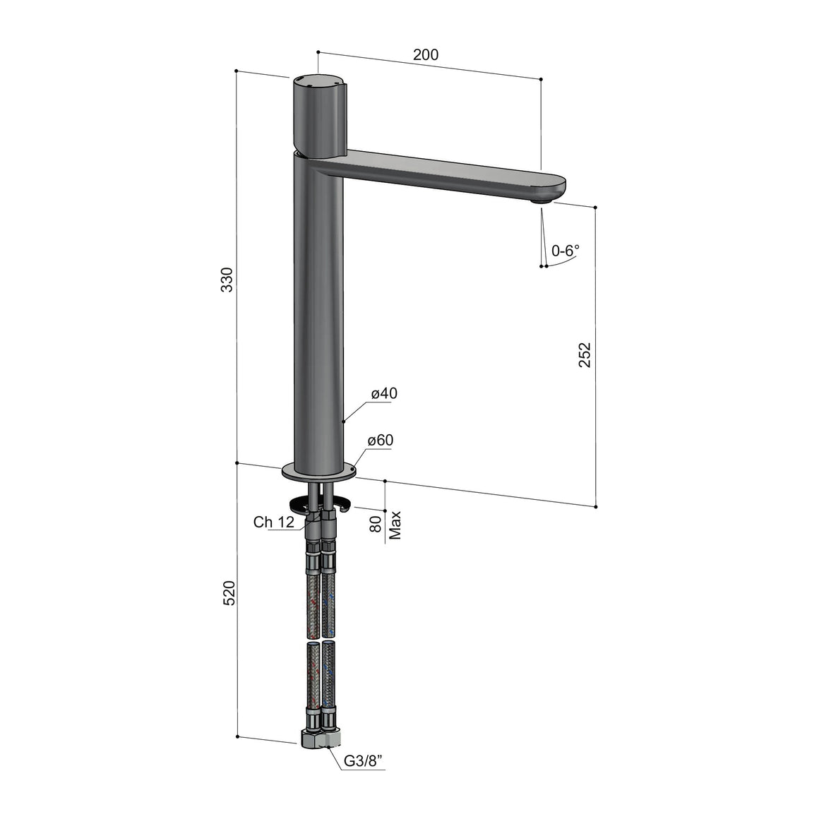 Hotbath Gent GT003H wastafelmengkraan hoog technische tekening