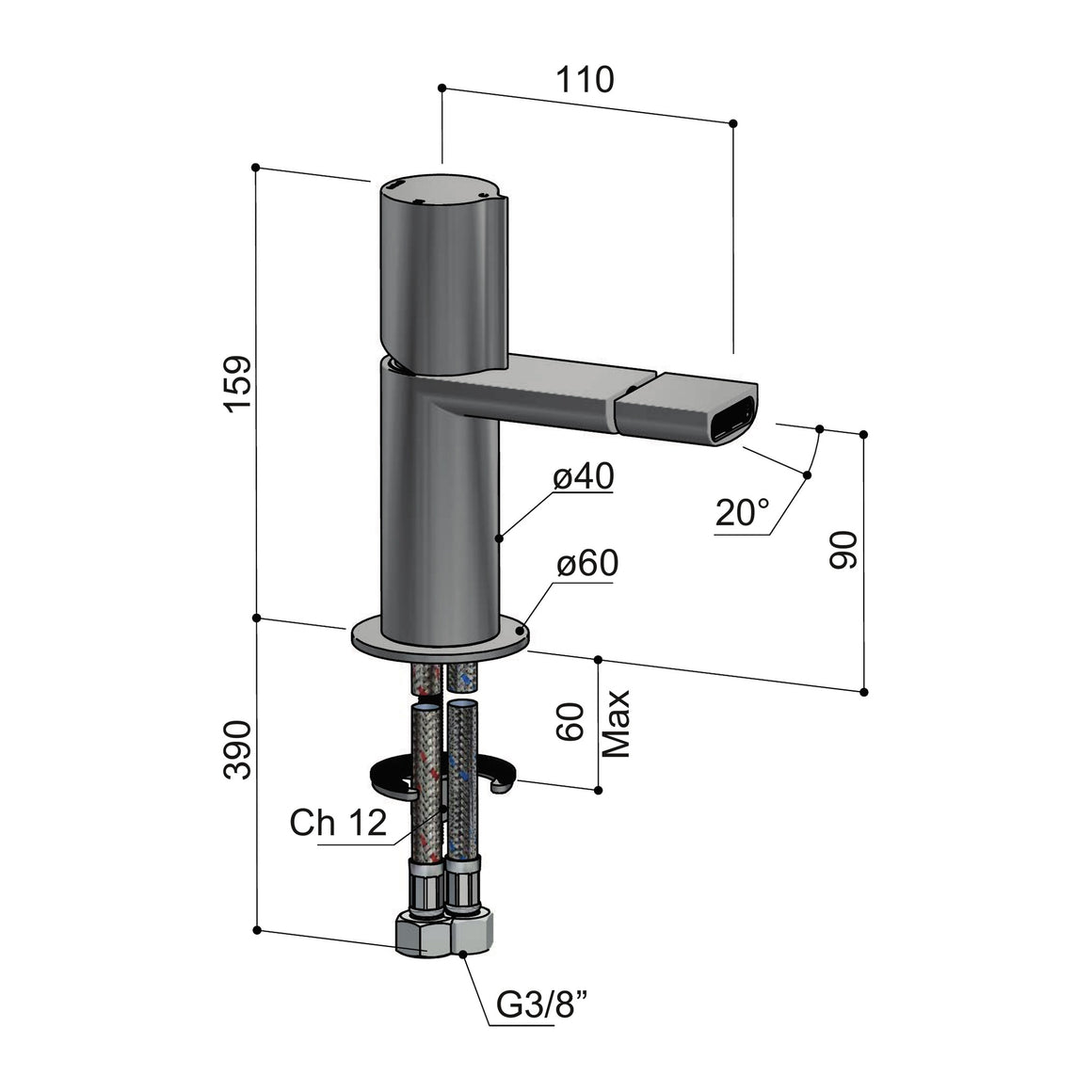 Hotbath Gent GT018 bidetmengkraan technische tekening