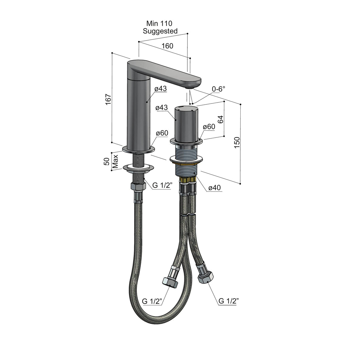 Hotbath Gent GT023 2-gats wastafelmengkraan met draaibare uitloop technische tekening
