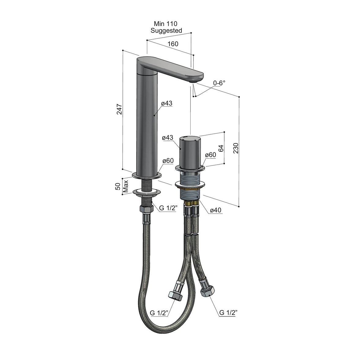 Hotbath Gent GT023H 2-gats wastafelmengkraan hoog technische tekening