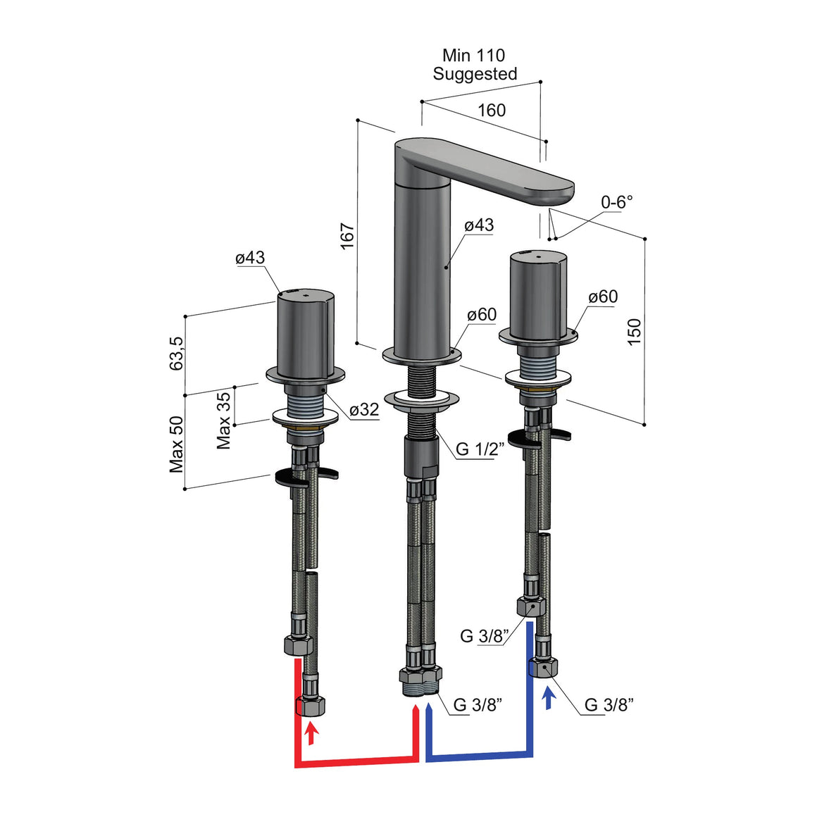 Hotbath Gent GT033 3-gats wastafelmengkraan technische tekening