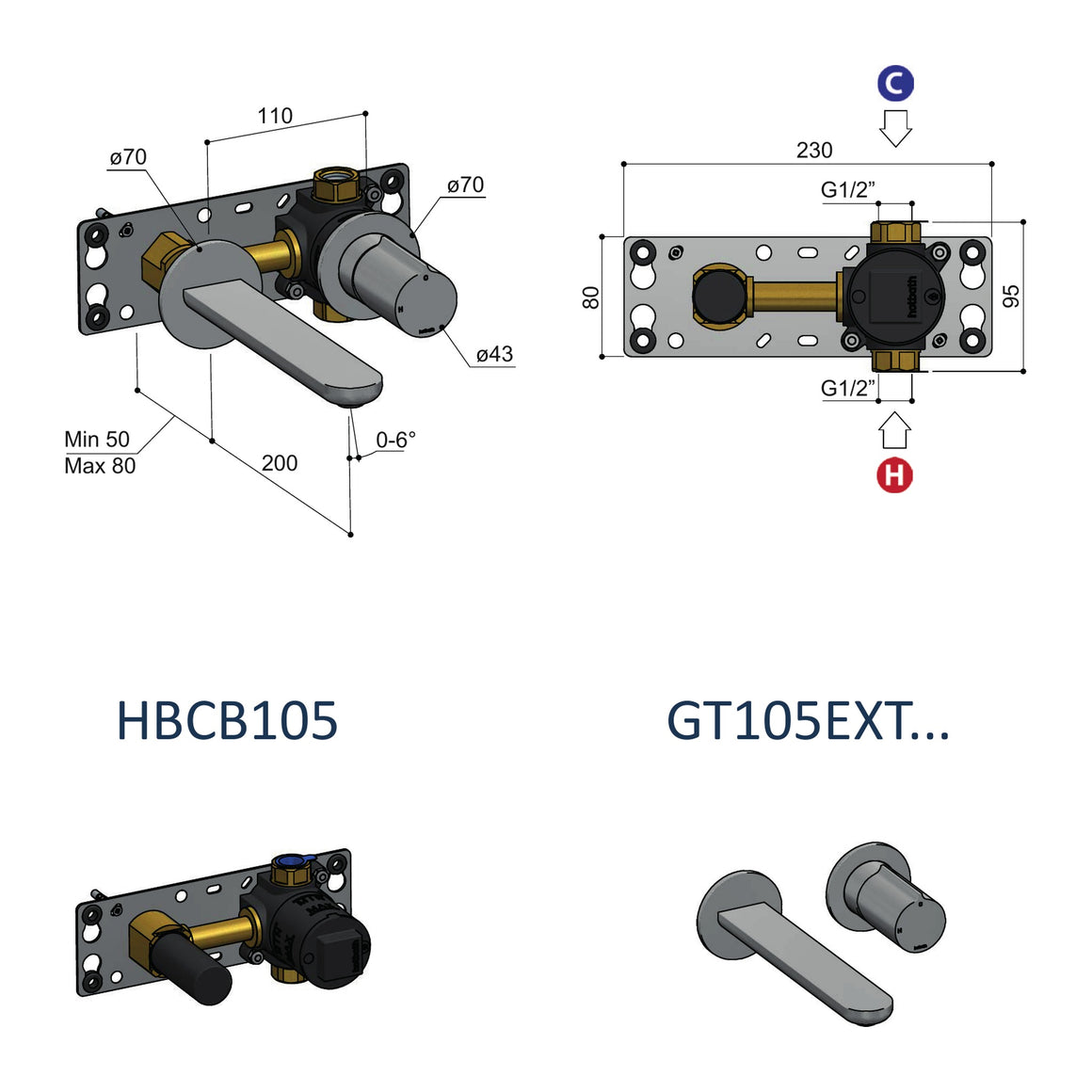 Hotbath Gent GT105 inbouw wastafelmengkraan 2-gats (afbouwdeel) technische tekening